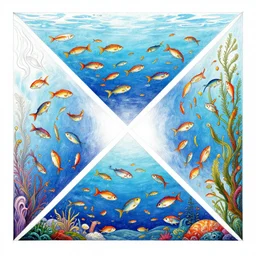 unfinished color digital drawing escher style pattern of three point perspective, 3 6 0 panorama colorful kim jung gi fish under wather