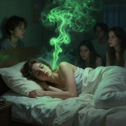 a woman laying in bed at night, green smoke!!!!! surreal concept art, lifelike, photorealistic, digital painting, aesthetic, smooth, sharp focus, artstation hd, artgerm and by greg rutkowski, bruce pennington, valentina remenar, rhads, asher duran,