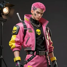 cyberpunk photorealistic character, tech wear outfit, wearables, pink and yellow, edgy, skull stamp, awe inspiring, artstation hd, 8 k, detailed, intricate, ornate, studio lights, golden ratio, masterpiece