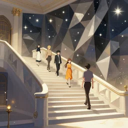 polygonal staircase in a museum with giant walls to the stars, light dust, magnificent, close up, details, sharp focus, elegant, highly detailed, illustration, by Jordan Grimmer and greg rutkowski and PiNe(パイネ) and 薯子Imoko and 香川悠作 and wlop and maya takamura, intricate, beautiful, Trending artstation, pixiv, digital Art