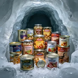 photo of canned foods inside an ice cavern