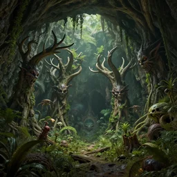 underground cave on an exotic alien planet, jungle gates of antler trees, insectile plants, gnarled stumps and weed overgrowth, dark demon faces, skulls, by ian miller, rodney matthews and artstation, hyperdetailed, photorealistic render