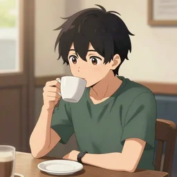 an anime boy is sitting at a table drinking a cup of coffee, trending on devianart, artstation
