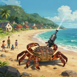 establishing shot of a village near a beach, a gigantic crab crawling from the ocean towards village, [ laser ] [ turret ] [ attached ] on crab, deviantart artstation, by jason felix by steve argyle by tyler jacobson by peter mohrbacher, cinematic lighting