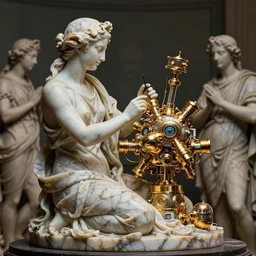 marble sculpture depicting a woman programming the samsara holy cluster, hi tech, sci fi, cybernetic, dramatic lighting, digital photography, stunning, visionary, hyper realistic, beautiful, wow, gilt metal, rich marbles, by gian lorenzo bernini, by brecht evens, by jean delville, beautiful render, ultra detailed, sharp, 8 k
