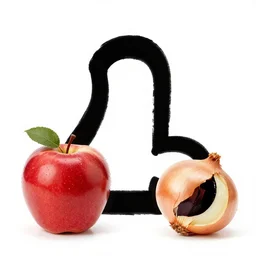 libra symbol, one apple and one onion