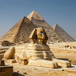 a scene of the beautiful intricate epic futuristic pharaoh city with the cyber sphinx of giza, hovering cyber pyramid, hyper detailed, cinematic lighting