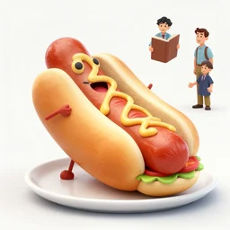 a cartoon hot dog eating a burger, by michael whelan and tomer hanuka, by makoto shinkai and thomas kinkade, by herge, trending on artstation