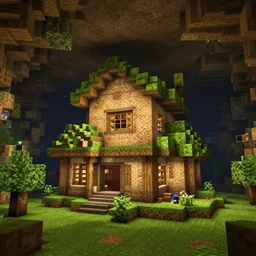 a giant house in a giant cave in minecraft, realistic lighting, blocky voxel style