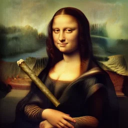 A portrait of mona lisa in real life, holding a giant spliff, amazing detail, digital art