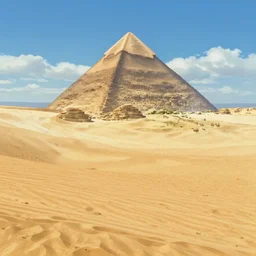 a stunning desert landscape with a pyramid in the distance by makoto shinkai