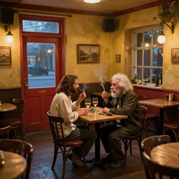 in a small empty cozy colorful pub, empty after sunset, a door and a window and empty tables, jesus christ and albert einstein and charles darwin meeting together on a tabletop, smoking weed and drinking wine, photorealism, hyperdetailed, volumetric lightening, octane, dalle 2 reference