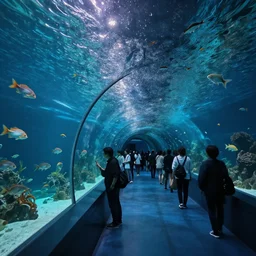 an underground aquarium corridor with people observing lots of beautiful fish, fantastic space, water droplets, highly detailed, artstation trend, highly detailed and intricate, studio ghibli, makoto shinkai, no blur, photography, unreal engine 5