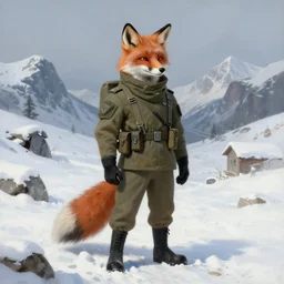 anthropomorphic fox wearing modern military gear in a snow mountain pass, character design, painting by gaston bussiere, craig mullins, j. c. leyendecker, tom of finland