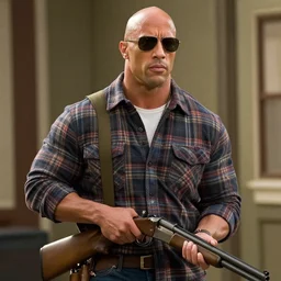 film still of dwayne johnson as nada wearing a flannel shirt and sunglasses and holding a shotgun with a bandolier in bank scene in they live 1 9 8 8