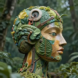 abstract, sculpture 🎸made of various materials from rainforest of face of artificial intellicgence