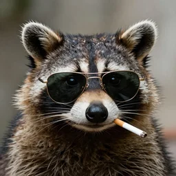 Picasso raccoon face with cigarette and sunglasses portrait