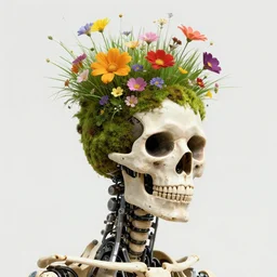 art portrait of skeleton with flowers and grass exploding out of a moss covered head,8k,by tristan eaton,Stanley Artgermm,Tom Bagshaw,Greg Rutkowski,Carne Griffiths,trending on DeviantArt,face enhance,hyper detailed,minimalist,cybernetic, android, blade runner,full of colour,