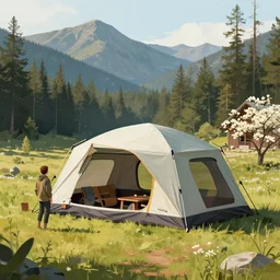cabela's tent futuristic pop up family pod, cabin, modular, person in foreground, mountainous forested wilderness open fields, beautiful views, painterly concept art, joanna gaines, environmental concept art, farmhouse, magnolia, concept art illustration by ross tran, by james gurney, by craig mullins, by greg rutkowski trending on artstation