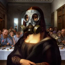 the last supper in gas masks by leonardo da vinci, high angle closeup portrait, blurry background of the library, disney, pixar, bloom, medium shot, dramatic lighting, in the style of studio ghibli, j. c. leyendecker, greg rutkowski, artgerm