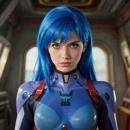 intense demeanor. close detailed symmetrical portrait. ship interior bg. screenshot of a scene in metroid zero of pretty beautiful woman by norman rockwell. character designed by hideaki anno. bodysuit. lustrous blue hair. lighting by james gurney. trending on artstation. masterpiece. artgerm mucha rutkowski.