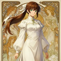 full body of a beautiful kill la kill high school girl, brown hair, ponytail, white ribbon, green eyes, full perfect face, western, fantasy, intricate, elegant, highly detailed, digital painting, artstation, detailed school background, matte, sharp focus, illustration, art by Artgerm, Greg Rutkowski, Alphonse Mucha, Sasoura, Satchely, no distorsion