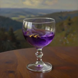 thick swirling purple liquid with gold glitter in an ornate liqueur glass on a polished dark oak table, mid shot, realistic, pretty, oil painting, high detail