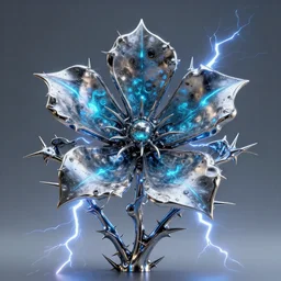 3 d photographic render of asymmetric metallic flower sculpture with thorns, bioluminescent chrometype, made of liquid metal, neotribal with thorns and thunders, cyberpunk, raytracing, hyper realistic, volumetric lightning, 8 k, by zhelong xu and ouchh studio