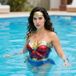 an image of wonder woman at the pool. vivid colors. real image