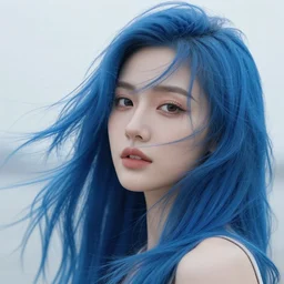 a beautiful woman's perfect face with long blue hair blowing in the wind, highly detailed, photo - realistic, hdr 8 k diffused lighting,