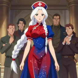 dr. eirin yagokoro is a tall female lunarian sage in her late thirties with dark grey eyes and long white hair in a large single braid. she wears red and blue two - tone dress decorated with constellations and matching nurse cap, 4 k digital illustration by ross tran, andrei riabovitchev, marc simonetti, yoshitaka amano, boris vallejo