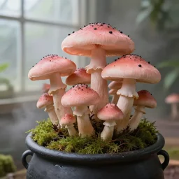 hyperrealistic peachy pink mushrooms mushrooms black spots black hairy!!!! mushrooms in a witch cauldron, moss, dark pastel colors, misty, in greenhouse!! ray of light from the window, botanical, matte painting, by sheldrake, rembrandt, artgerm