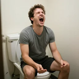 man screaming while sitting in the toilet