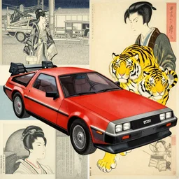 a red delorean x a yellow tiger, art by hsiao - ron cheng & utagawa kunisada in magazine collage style,