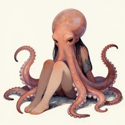a sad humanoid octopus girl with tentacles instead of limbs sitting on the floor, illustration by James Jean