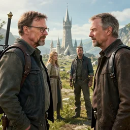 realistic still of walter white and jesse pinkman visiting whiterun in skyrim, amazing details, 8 k, 8 5 mm, f. 1 4, beautiful composition