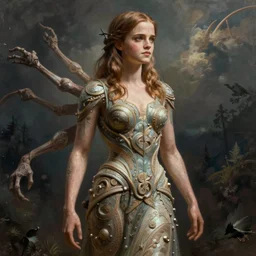 emma watson with an very long torso, possibly extra limbs, intricate, detailed, volumetric lighting, digital painting, concept art, by artgerm and greg rutkowski