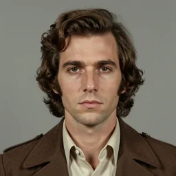 A mugshot portrait of a man who looks like Jerma985 with medium length wavy hair, a combover and wearing late 1970s popped collared menswear in the late 1970s, taken in the late 1970s, grainy, realistic, hyperrealistic, very realistic, highly detailed, very detailed, extremely detailed, detailed, digital art, trending on artstation, front facing, front view, headshot and bodyshot, detailed face, very detailed face