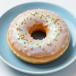Donut with iridescent glaze, gold and diamond sprinkles on a blue iridescent plate, 8K