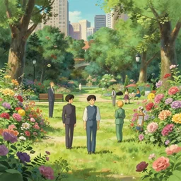 city park with flowers, artstation, elegant, highly detailed, digital painting, concept art, smooth, sharp focus, illustration, art by studio ghibli, fujita goro, atey ghailan, tom whalen, jean giraud 8 k