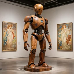 octane render, ultra photorealistic, hyper detailed, unreal engine, a breathtaking wooden mystical statue robot of the last human in existence cyberpunk in a contemporary art gallery in neo tokyo artwork by greg rutkowski, alphonse mucha,