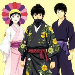 ancient chinese ninja, ninja robes, wearing wild flowers, by miho hirano and takashi murakami and horohiko araki