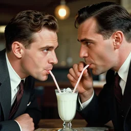 a 35mm photograph from the 1930's of two mean looking gangsters sharing a milkshake with two straws, bokeh, Canon 50mm, cinematic lighting, photography, retro, film, Kodachrome, closeup