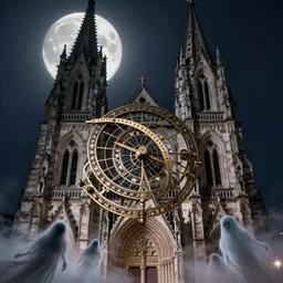 Behind the tall and delicate gothic church at night, a huge delicate metal astrolabe in the moonlight, with ghosts floating in the foreground, light through the mist, dramatic lighting, photorealistic, cinematic lighting, high detail, cinematic feel, high octane, 4K, Unreal Engine, digital render, intricate, ultra realistic
