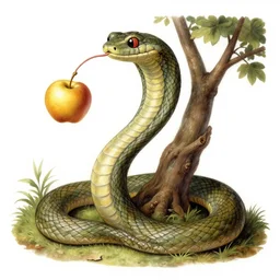 the snake in the garden of eden holding a golden apple in its hand, coiled around a tree. painted by leonardo davinci