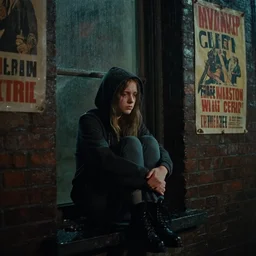 night scene, sadie sink in hoodie sits on windowsill, knees tucked in, rain, old brick wall, propaganda posters : grainy 1 6 mm film, 2 5 mm lens, single long shot from schindler's list by steven spielberg. cyberpunk, steampunk. cinematic atmosphere and composition, detailed face, perfect anatomy