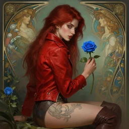 red jacket tattooed attractive girl sits on a garden holding a blue rose, deep focus, turnaround, fantasy, intricate, elegant, highly detailed, digital painting, artstation, concept art, matte, sharp focus, illustration, hearthstone, art by artgerm and greg rutkowski and alphonse mucha.
