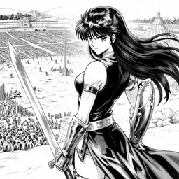 A beautiful female warrior with a sword and shield overlooking a grand battlefield in the style of berserker by Kentaro Miura, manga, black ink,