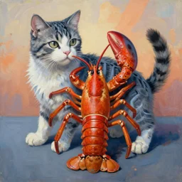 painting of hybrid between cat & lobster!!, intercrossed animal, mixture animal, by tiffany bozic, by zdzislaw beksinski, logical anatomy, cold hue's, warm tone gradient background, concept art, beautiful composition, digital painting,