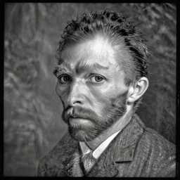 an monochrome, glass negative, silver gelatine realistic, supersharp, photographic portrait of vincent van gogh, shallow depth of field